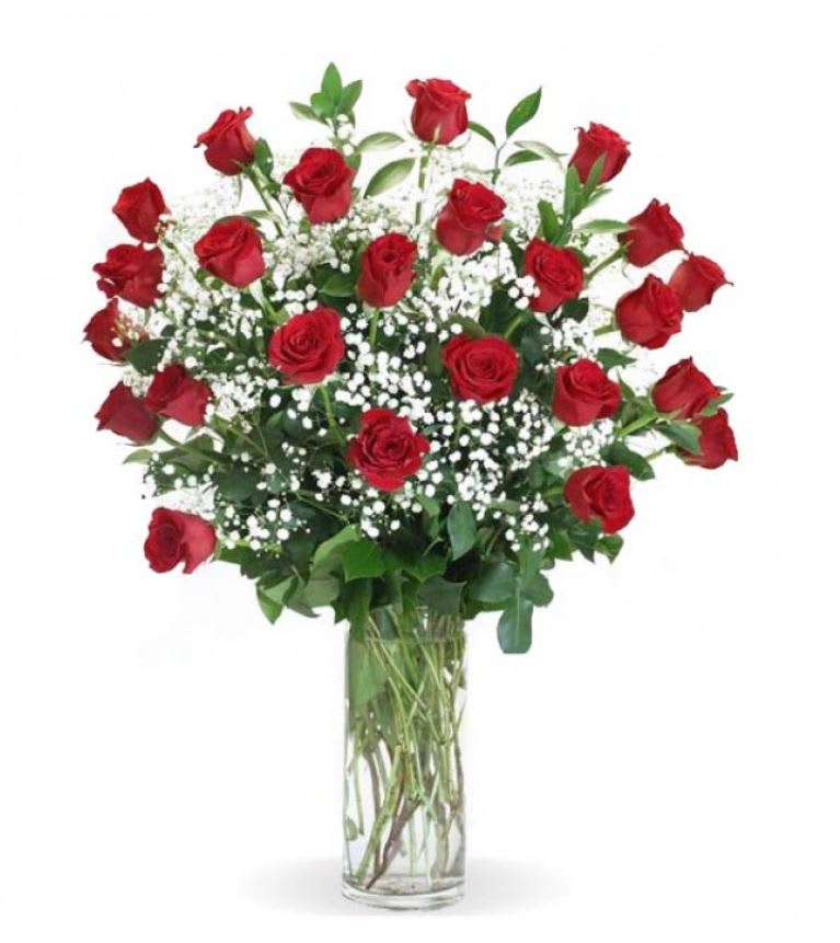 Red roses in a clear glass vase with white filler flowers