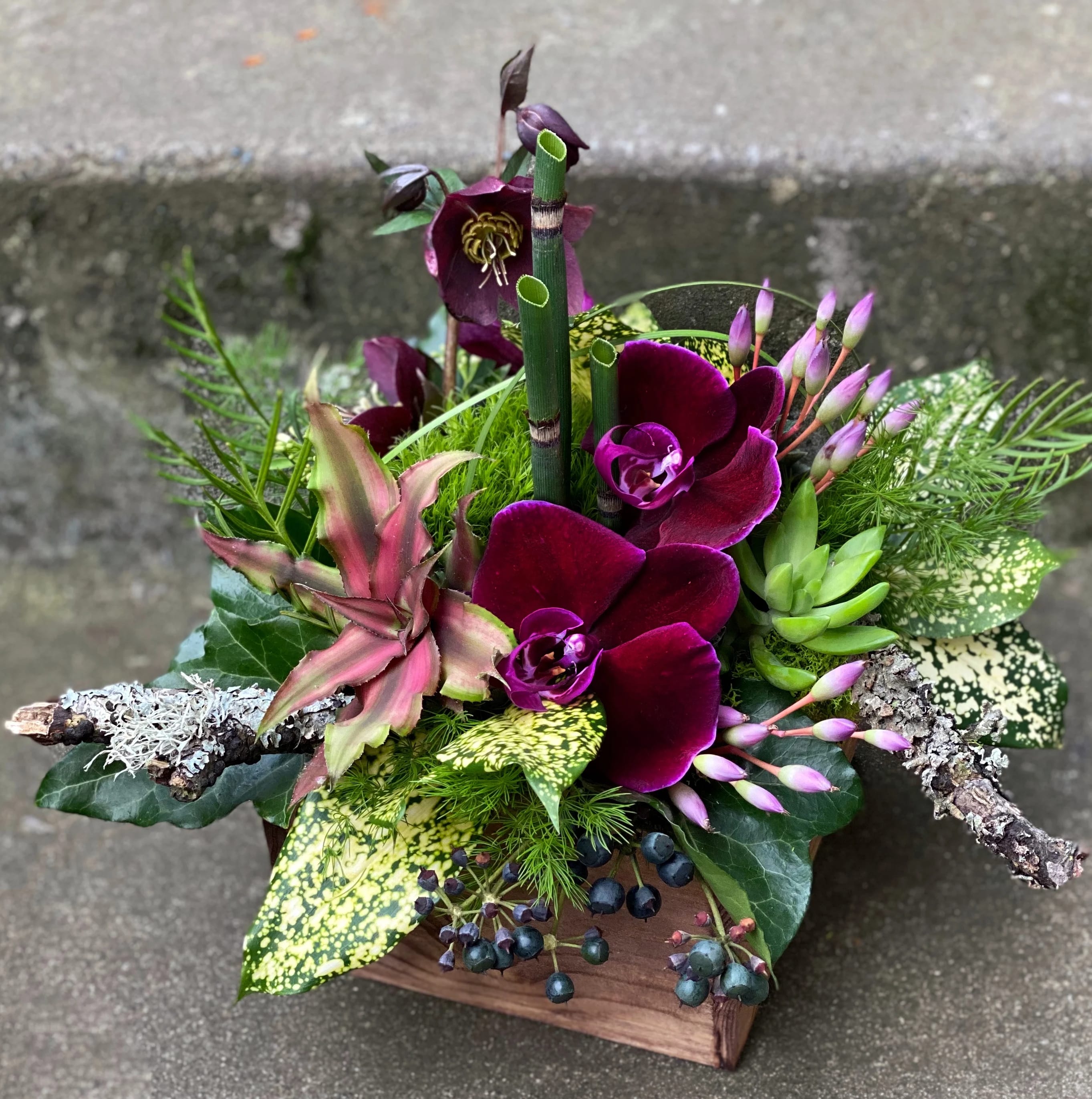 Small Texture Box - Our award-winning Texture Collection is a feast for the eyes, revealing another intriguing detail each time you look. They are best enjoyed in a spot where they can be viewed up close and from all sides, so you do not miss any of the carefully curated components.   We hand-craft every item in The Collection, matching them to the occasion and making each one unique. They all include a variety of succulents that will make a lovely keepsake once the flowers are spent. We even include planting and care instructions.  The photographs above are examples of prior work. The Texture Box we create for you will vary based on the season, our weekly color palette, our cutting garden and interesting, foraged treasures we have found. The Deluxe upgrade has even more special elements added to the same size container. Our Texture Bowls offer a similar look that is a little more refined.  Approximate Size:   8 x 8 inches wide and 9 to 12 inches tall.    The items in our Texture Collection are FIORI FLORAL DESIGN EXCLUSIVES, available only in our local delivery area. To verify that the recipient is in our delivery area, give us a call at (206) 329-3944 or look for the recipient's zip code on the list at the bottom of our home page.