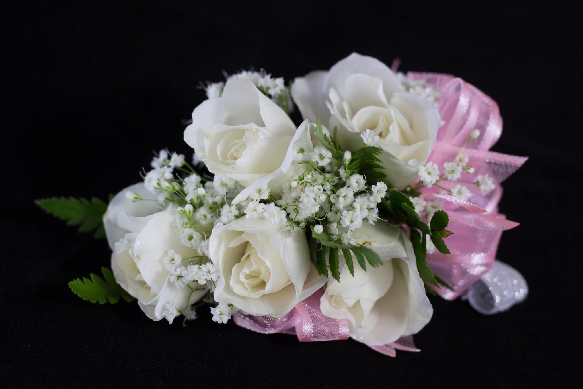 White rose corsage with baby's breath and pink ribbon