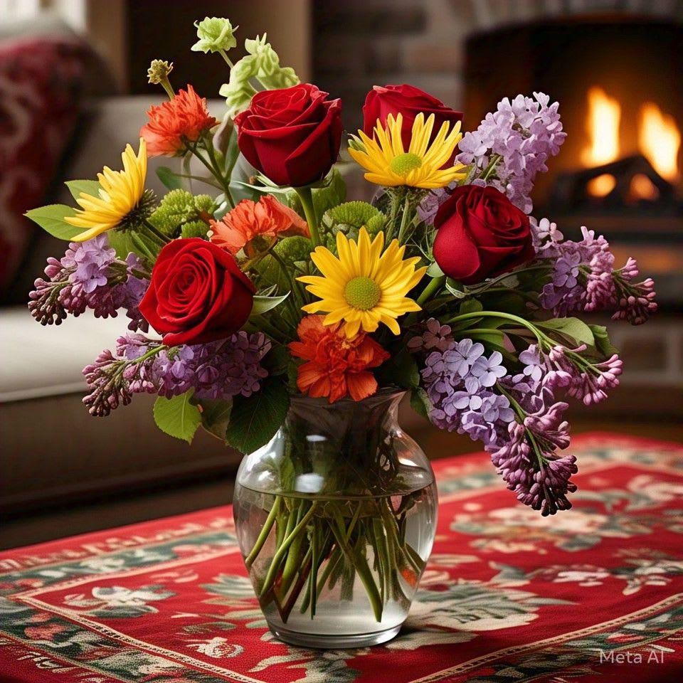 Bouquet of red roses, yellow daisies, and purple lilacs in a glass vase