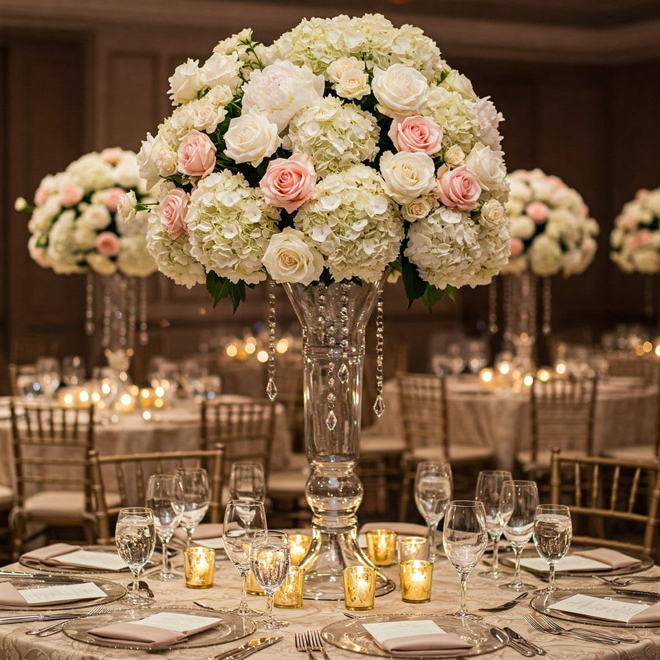 Tall centerpiece of white hydrangeas and blush roses in a clear glass vase