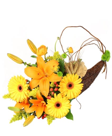 Lion's Harvest Cornucopia - The bountiful harvest comes roaring to life with the Lion's Harvest cornucopia. With bright yellow and orange flowers such as lilies, gerberas, and ranunculus, these flowers will be the "mane" event on your fall table! This majestic arrangement is sure to impress.  Includes: Cornucopia Container, Bunch Of Wheat, Dried Decorative Mushroom, Foliage: Salal Tips, Orange Lilies, Yellow Gerberas, Orange Ranunculus, Kermit Green Buttom Poms, Peach Hypericum, Yellow Solidago.