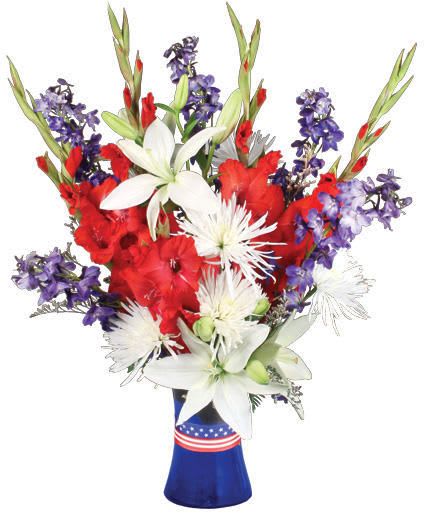 Red White &amp; True Blue Floral Arrangement - Send your favorite veteran or servicemen a patriotic floral fantasy with the Red White &amp; True Blue vased arrangement. This arrangement will bring joy to the heart of any American spirit. With red gladiolus and blue delphinium standing tall, this arrangement truly embodies the forever-standing patriotism of your loved one.  Includes: Blue Gathering Vase , Red, White &amp; Blue Ribbon , Foliage: Leather Leaf , White Lilies , White Spider Mums (Fuji) , Blue Delphinium , Red Gladiolus , Limonium (Misty Blue).