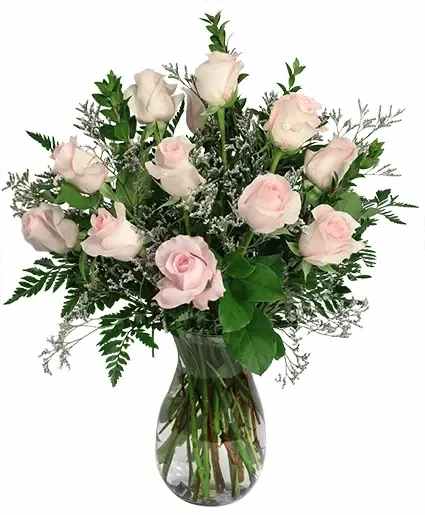 Soft Pink Dozen Rose Arrangement - This bouquet is full of beauty and grace! Filled with beautiful light pink roses and lively greenery, Soft Pink Dozen is a timeless mix that will be an instant hit. Delicate and delightful, this sweet dozen will be the highlight of any occasion!  Includes: Jordan Vase, Leather Leaf, Salal, Misty Blue, Pink Roses.