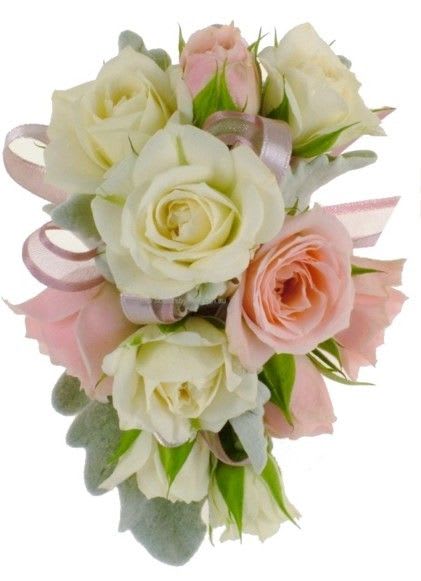 Bouquet of white and blush roses with pink ribbon accents
