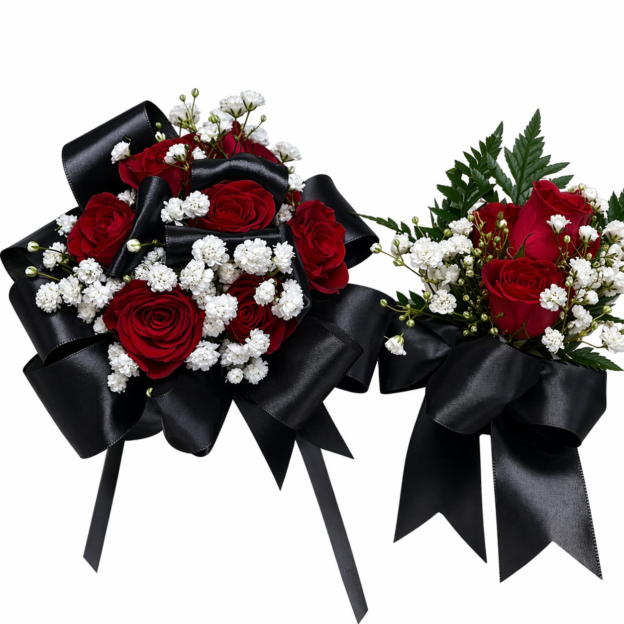 Red Rose Corsage &amp; Boutonniere Set with Black Ribbon - Deep crimson roses clustered with delicate white filler flowers make an immediate statement in this corsage and boutonniere set-perfect as a romantic anniversary bouquet or a formal wedding accessory. The red rose corsage reads classic and passionate while the coordinating boutonniere keeps the look balanced and refined; together they create a striking red, white, and black palette that also suits memorial or formal gifting moments.  Each piece is tied with wide black satin ribbon fashioned into large bows with trailing tails for dramatic, polished styling. The corsage is fuller and rounded; the boutonniere is slightly smaller with touches of greenery and gold-tipped berry accents for subtle shine. Made for close wear, these compact arrangements pair beautifully with dark suits or evening dresses and arrive ready to pin and enjoy.