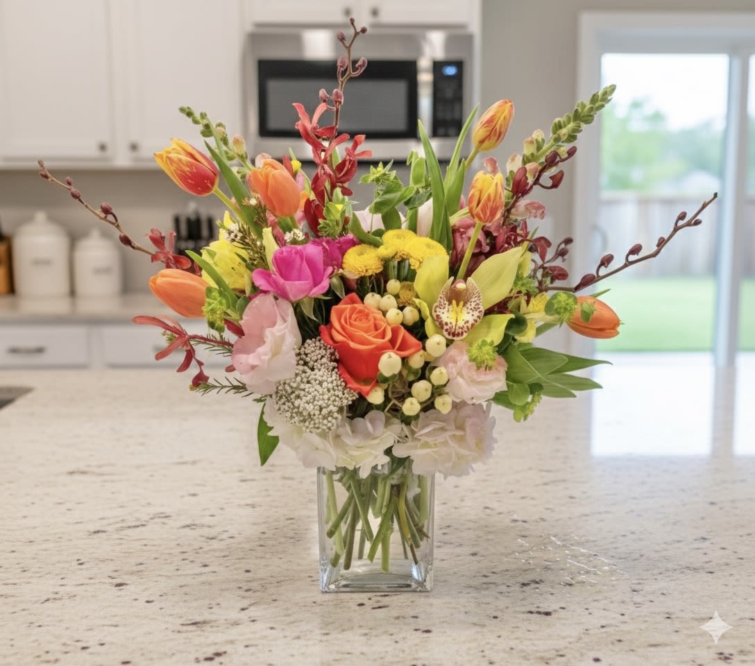 Colorful mixed bouquet in a clear glass vase