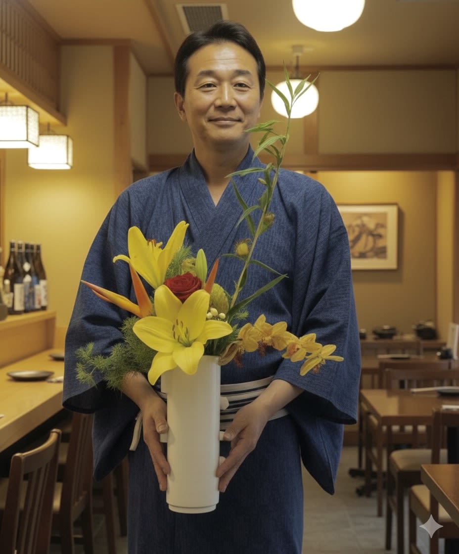 Man in a blue kimono holding a white vase of yellow and red flowers