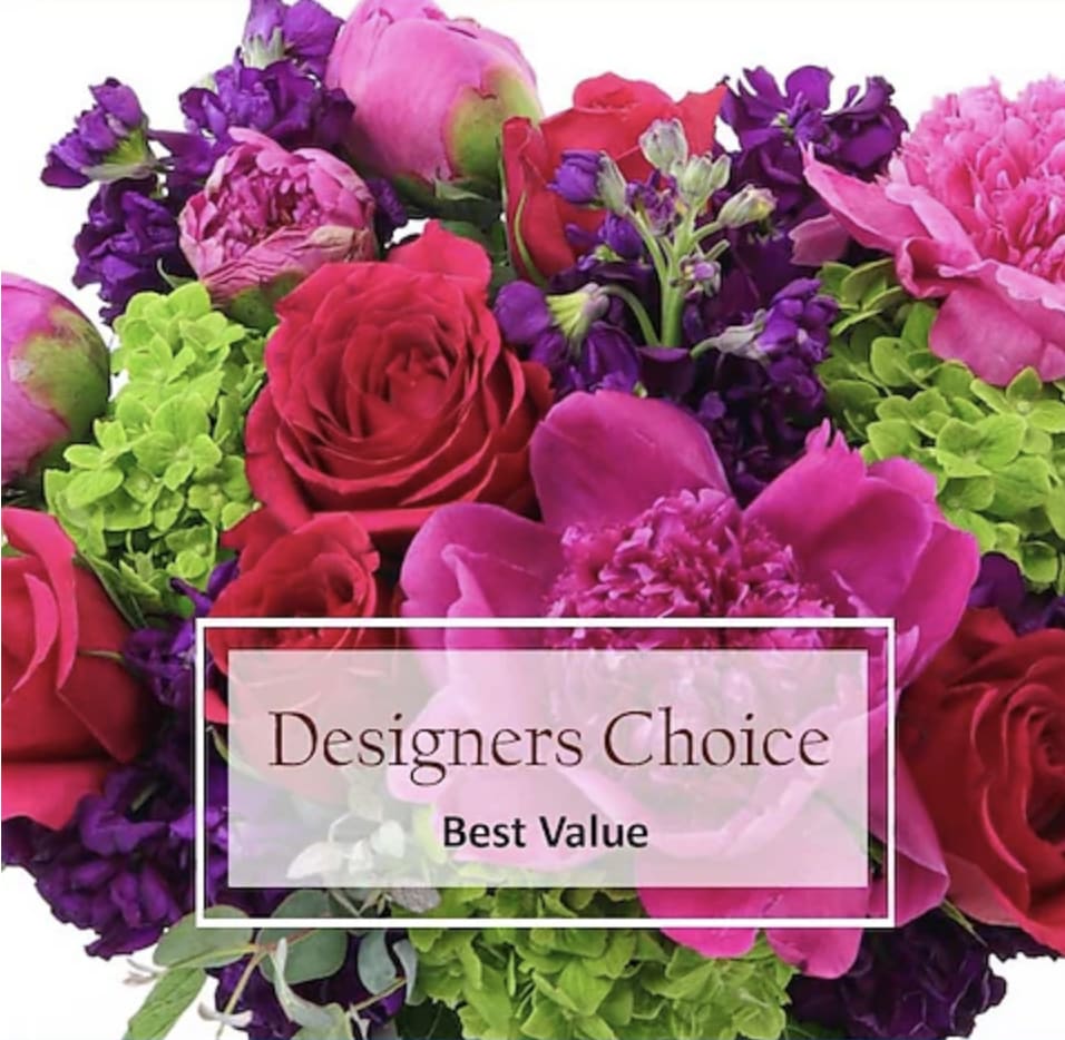 Mixed bouquet of pink, red, purple, and green flowers