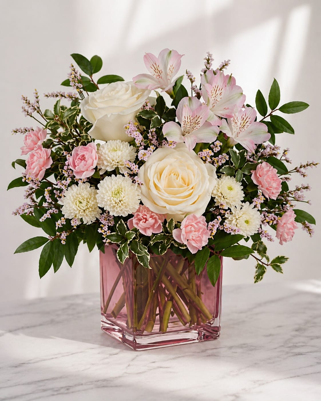 Pink Lattice - Creamy ivory roses and soft pink carnations create a gentle, romantic centerpiece in this flower arrangement-perfect as a birthday bouquet, anniversary flowers, or a just-because surprise for someone you want to make feel truly cherished. The pastel mix of blush pinks and white reads feminine and comforting, so the recipient will feel seen and celebrated the moment they walk into the room.  This composition pairs large ivory roses with pale pink alstroemeria, white button chrysanthemums, and small lavender filler blooms, all finished with abundant green foliage for contrast and structure. Flowers are gathered into a square pink glass vase that gives the arrangement a full, rounded silhouette and a touch of modern charm. Ideal for tabletops or a bedside table; please note size and care details at checkout to ensure fresh enjoyment.