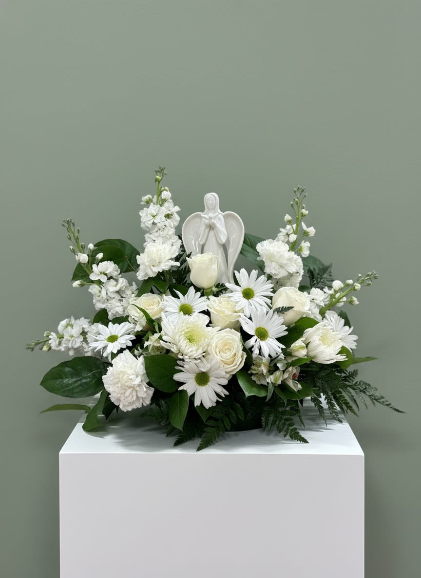 White Angel Arrangement - All white arrangement with White Ceramic Angel