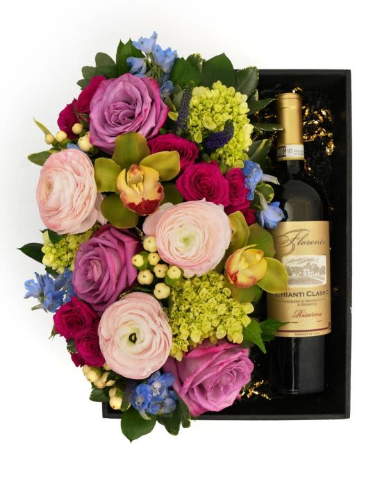 Floral Box Pastel Florentina Chianti - A pastel floral arrangement in a wood box paired with Florentia Chianti, a thoughtful gift to enjoy and share.