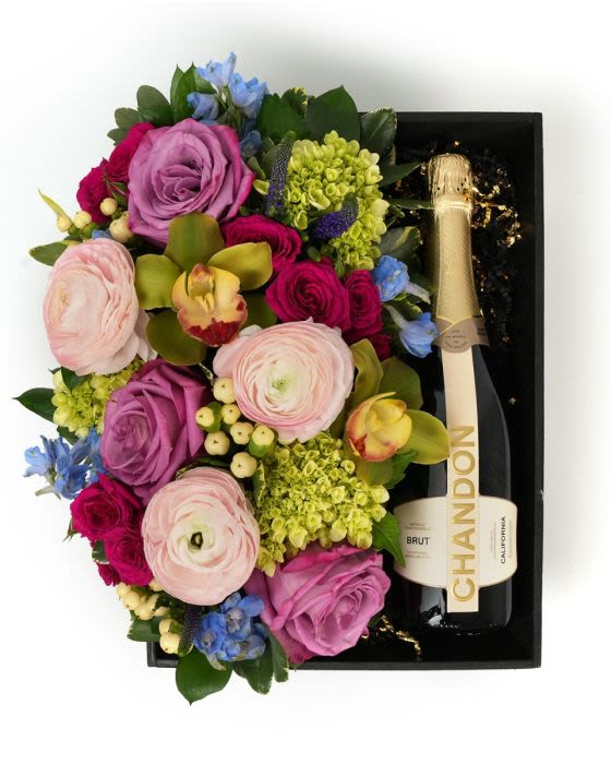 Flora Box Pastel Chandon  Brut  - A pastel floral arrangement in a wood box paired with Chandon Brut, a thoughtful gift to enjoy and share.