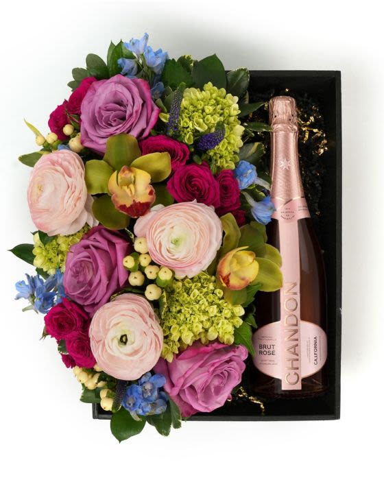 Flora Box Pastel Chandon Brut Rose - A pastel floral arrangement in a wood box paired with Chandon Rose', a thoughtful gift to enjoy and share.