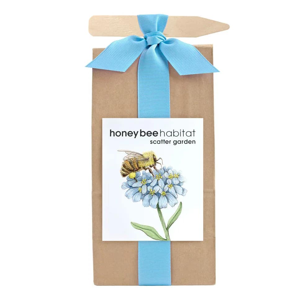 Scatter Garden Honey Be - A charming garden-themed gift for the nature lover, this scatter garden flower arrangement arrives in a brown paper gift bag tied with a bright blue ribbon and finished with a wooden handle - perfect for a spring birthday, thank-you, or a thoughtful "thinking of you" gift. 
