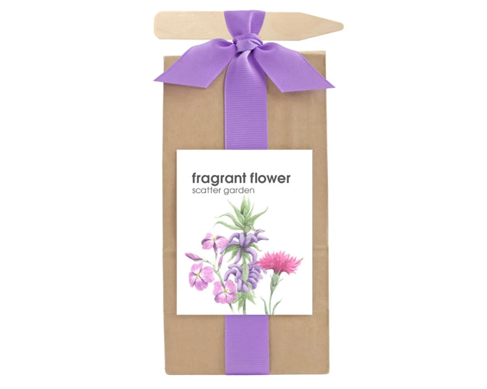 Fragrant Flower Seed Set - A charming gift-ready seed set that feels like a little bouquet in a box - perfect as a casual birthday gift, a springtime hostess present, or a thoughtful "thinking of you" surprise. This fragrant flower seed set arrives wrapped in kraft brown paper and finished with a wide blue or purple ribbon and bow, so the person you're gifting will feel seen from the moment they open it. The soft watercolor label and card featuring coral-pink blooms, small blue flowers, and gentle greenery give the package a handmade, botanical vibe that reads as both decorative and delightfully personal.  Inside the gift box are fragrant flower seeds designed for a scatter garden, presented with a coordinating product label and a card for your message. The palette of blue, pink, purple, and green is reflected in the artwork and suggests the color mix the recipient can expect in their garden; the packaging also includes a ribbon and keepsake-style presentation that makes unwrapping part of the pleasure. Sized for easy gifting and seasonal planting, this set is an inviting way to give someone the long-lasting joy of blooms and scent rather than a one-day bouquet.
