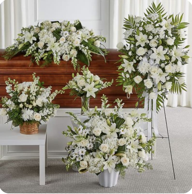Funeral May 8 Roque - Custom funeral order for the Roque family: white and red roses, some mini carnations, mums, greenery , white hydrangea
