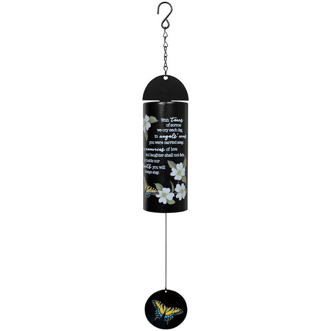 Black memorial wind chime with white flowers and a butterfly pendant