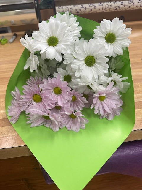 Bouquet of white and pale pink daisies wrapped in bright green paper