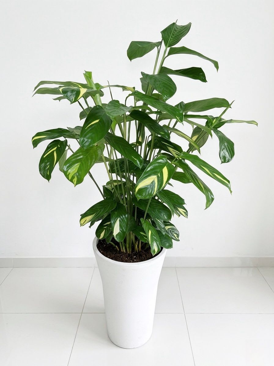 Variegated calathea /Low Light Indoor Plant - A stunning and lush calathea arrangement, featuring vibrant green leaves with unique yellow variegated patterns. This elegant indoor plant is beautifully presented in a tall, minimalist white ceramic planter, making it a perfect statement piece for any home or office.Total height 60"