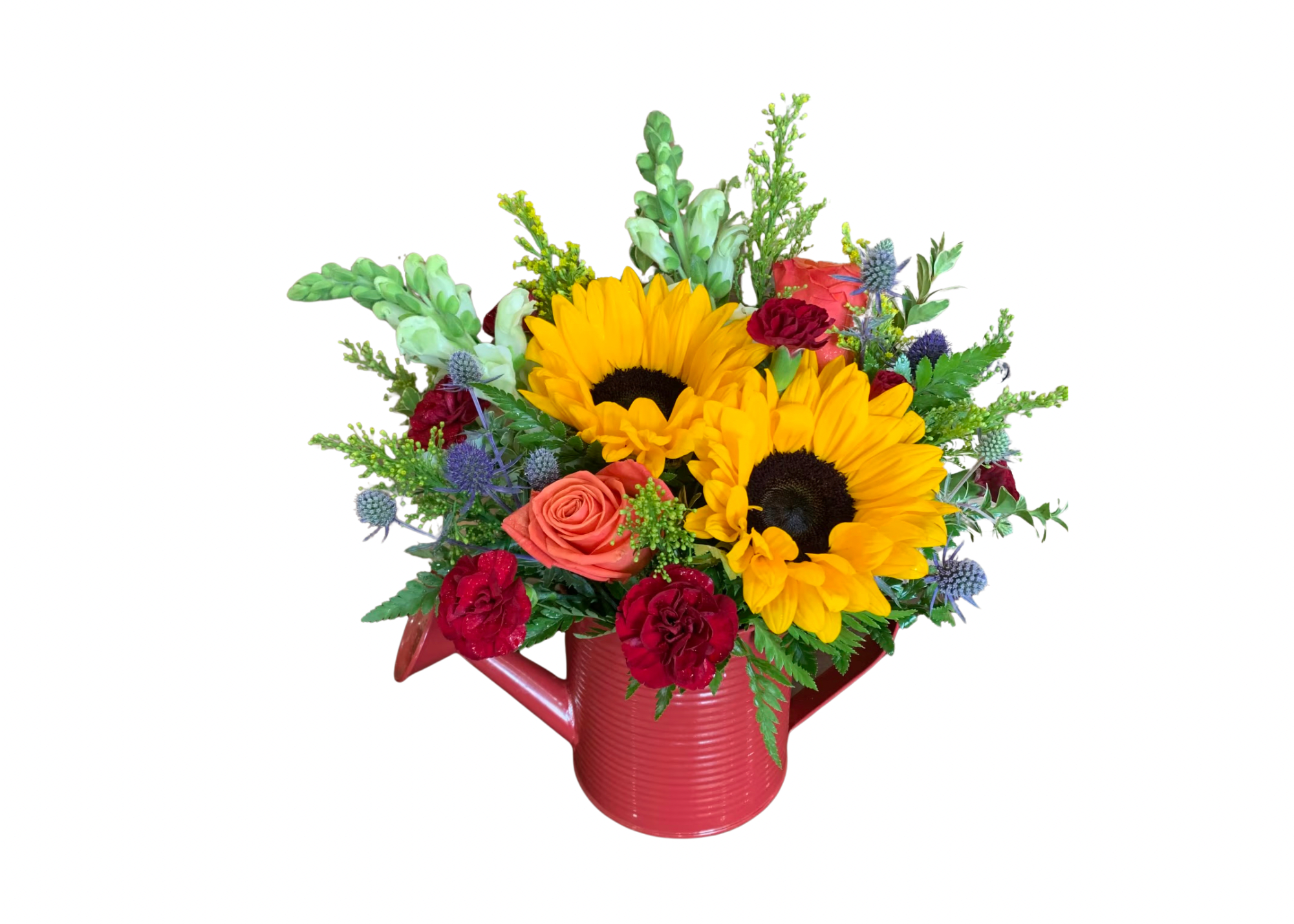 Sunflowers and roses arranged in a red watering can