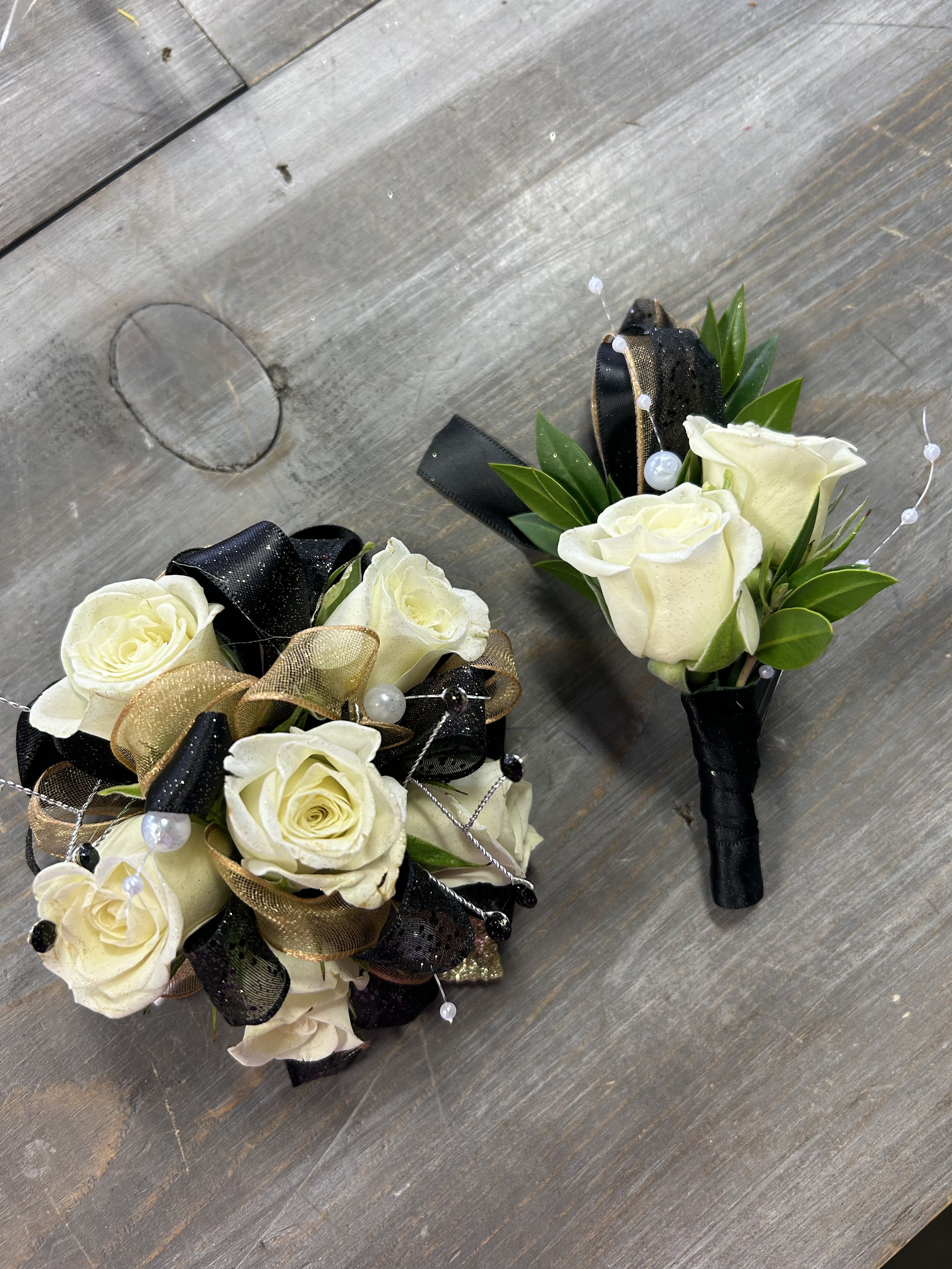 Black and Gold Corsage and Boutonniere  - Prom perfect...   Add Color in special instructions