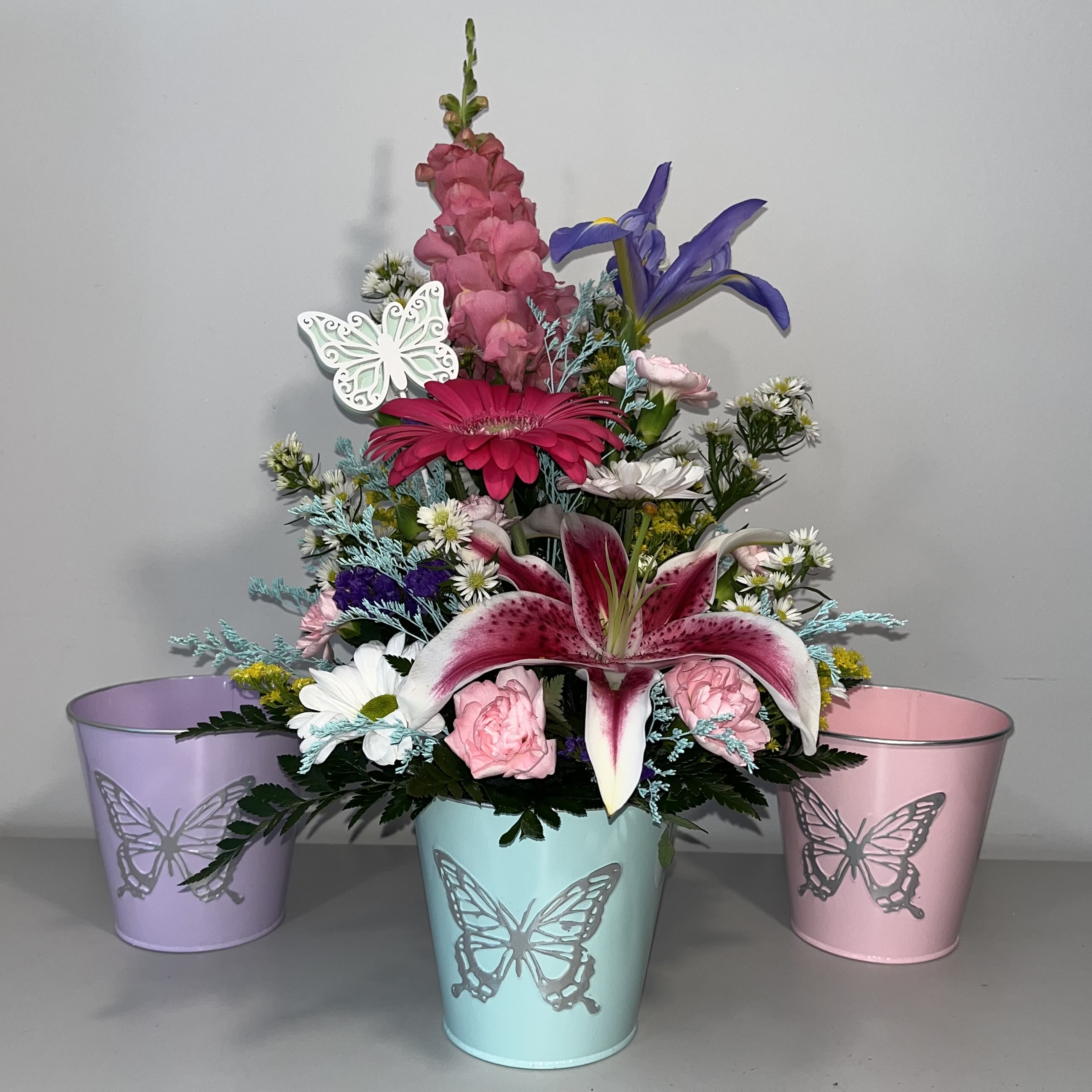Sumer Butterfly - Beautiful mix of Summer Flowers in a Pastel Tin Container With a Metal Butterfly on the Front.  (Container and flowers may be substituted for color due to availability)