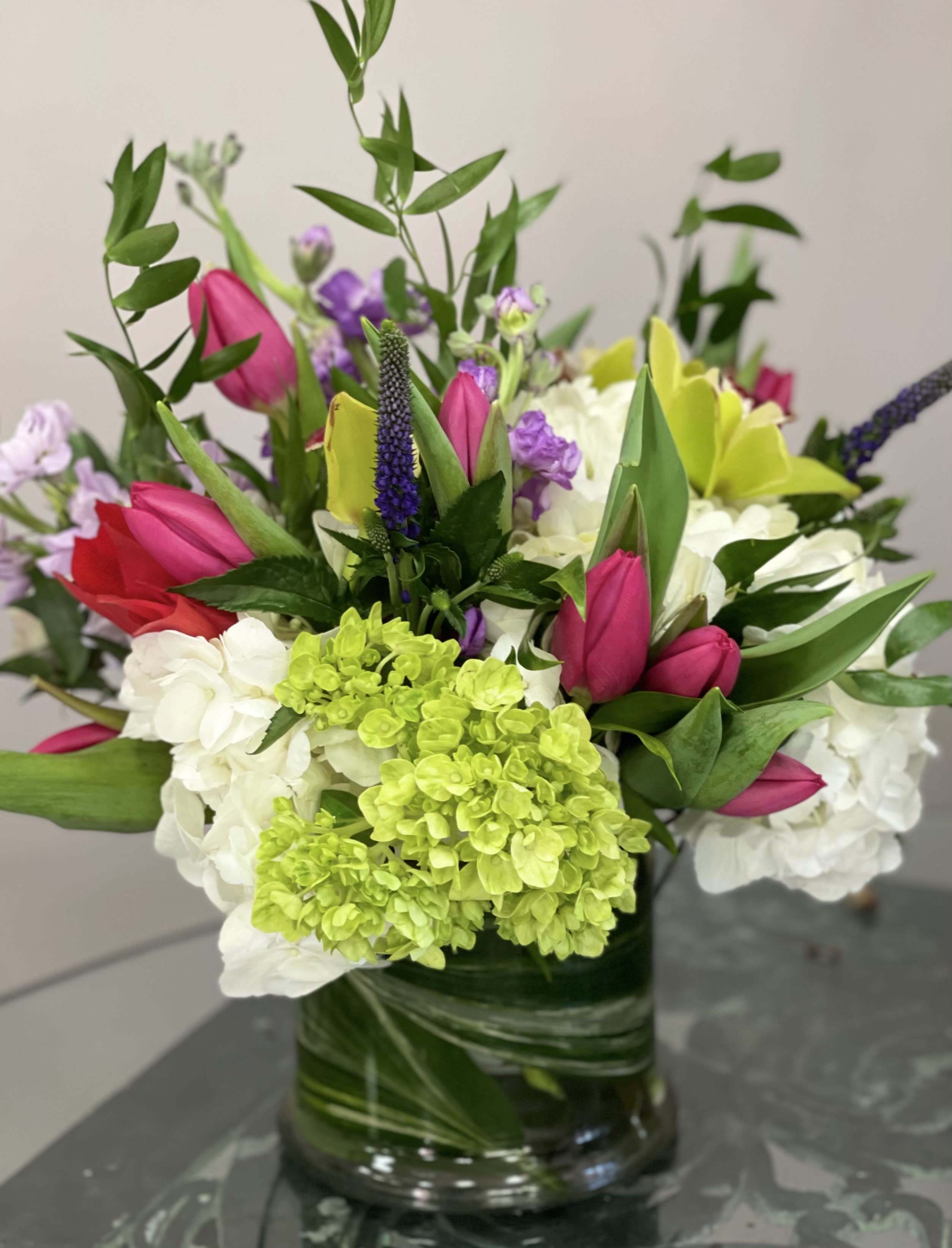 Spring Surprise  - Hydrangeas tulips orchids