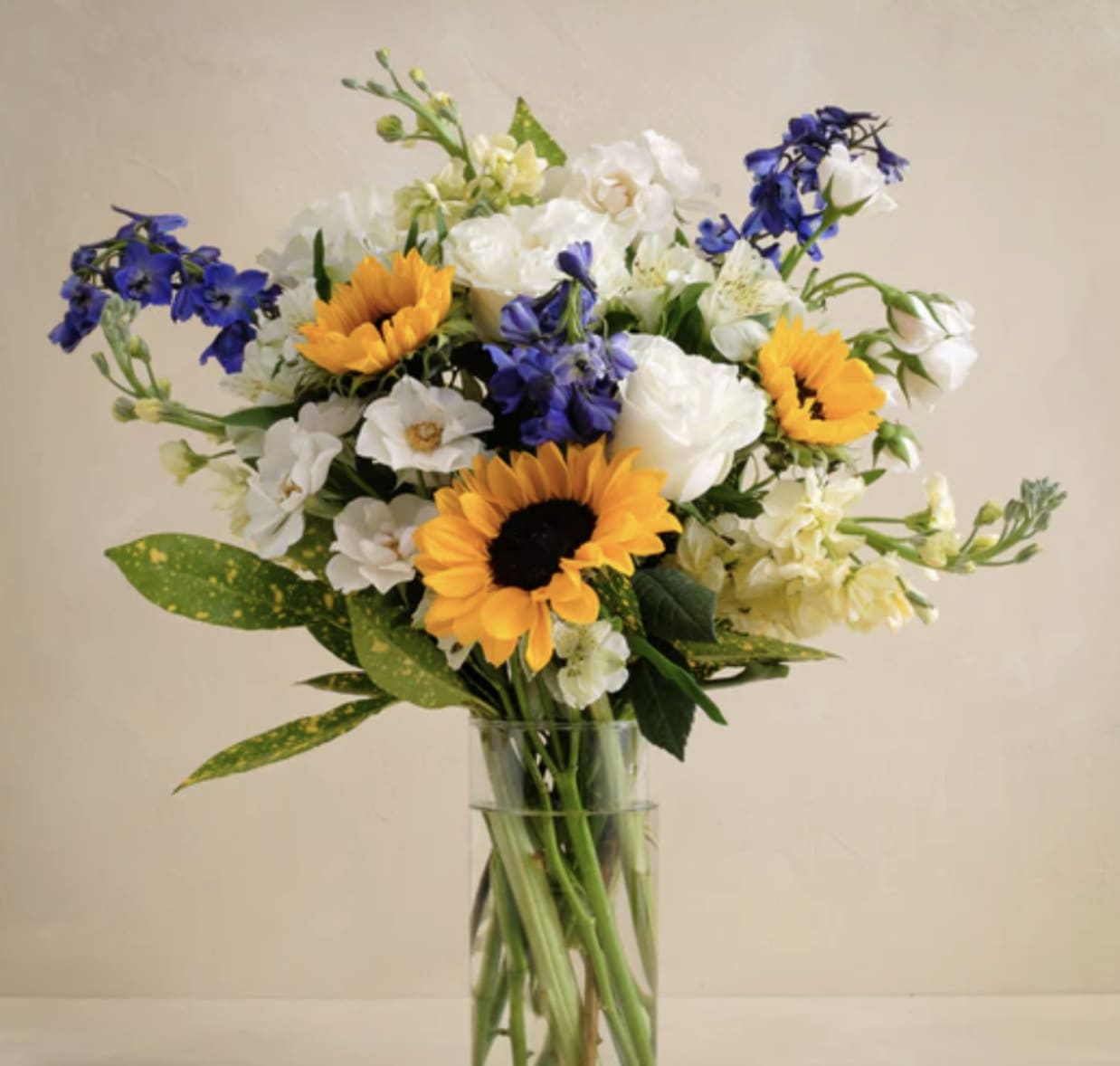 Blue Devils - Fun mix of Sunflowers, Blue Delphinium, and White Roses to show some Victor Pride!