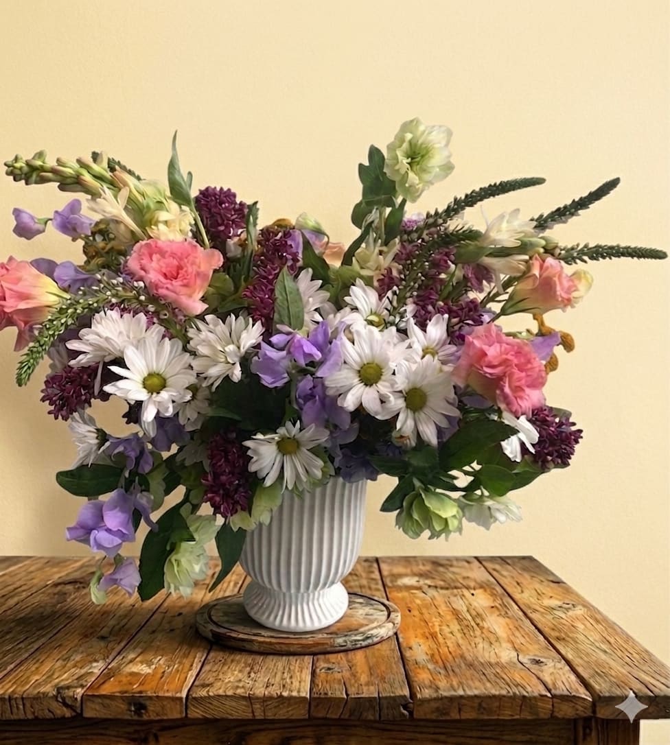 Wild Daisies  - Different color of Daisy, and more wild flowers in white ceramic vase.