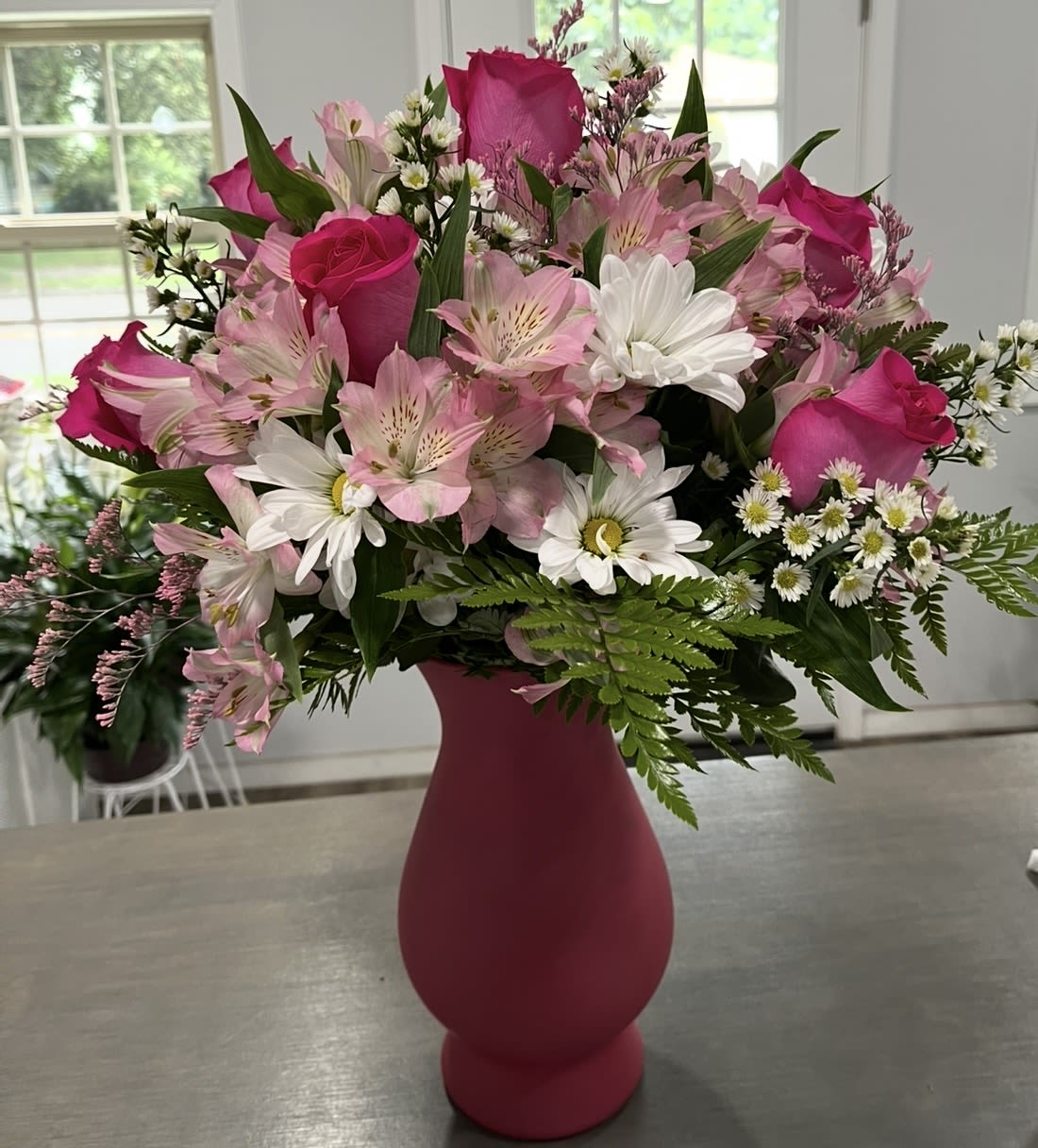 Perfectly Pink - Glass Vase filled with Hot Pink Roses Alstroemeria lilies and White Daisies