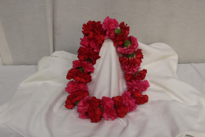 Red and pink carnation lei draped over white fabric