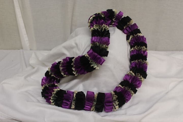 Purple and black ribbon lei draped in a loop