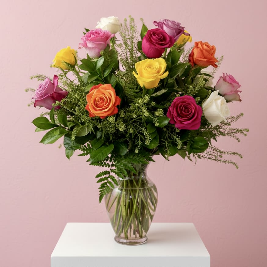Color Her Day - Twelve colorful roses come together to brighten her day with love and happiness.