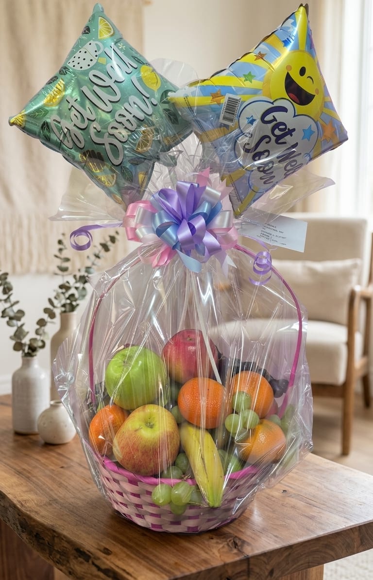 Fruit basket wrapped in clear cellophane with two star balloons on top.