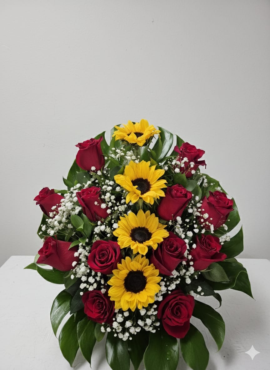 Bouquet of red roses and yellow sunflowers with white filler flowers
