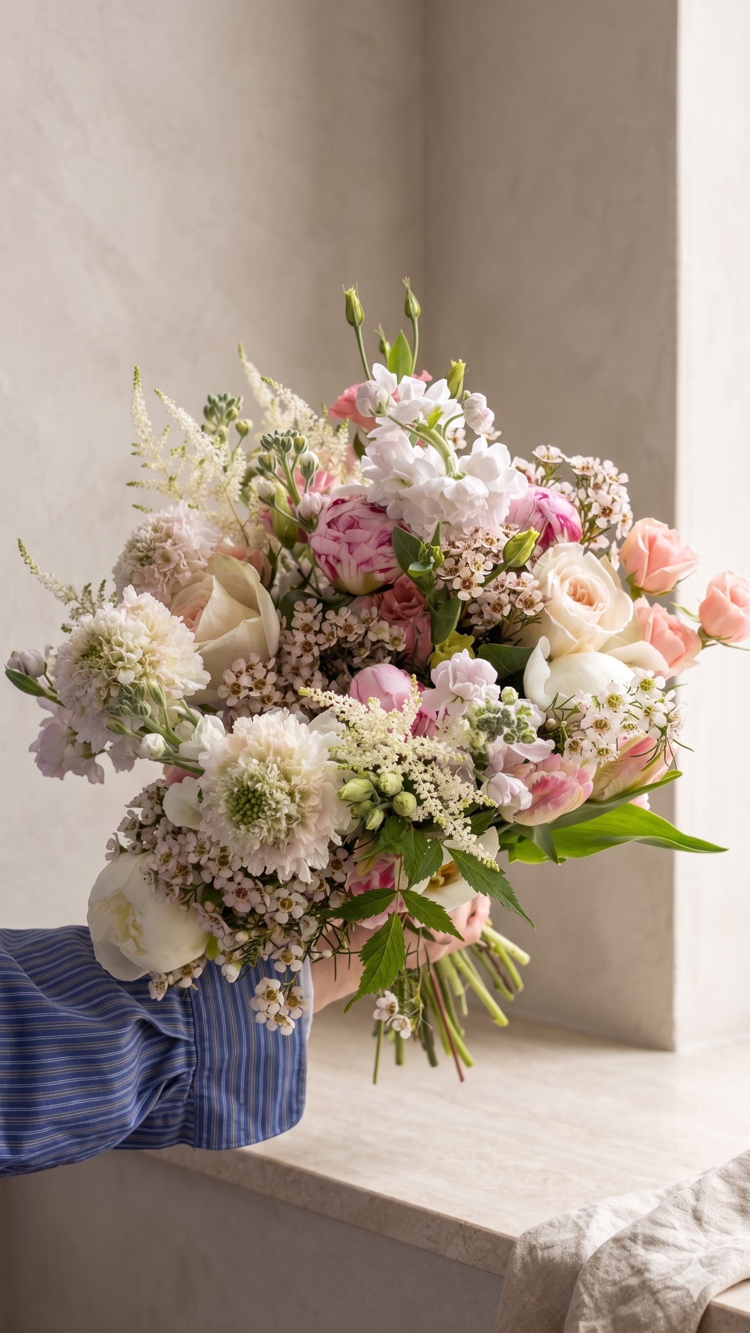 BP112 - Blush Garden Romance - This bouquet features a romantic of blush roses, vibrant pink tulips, and beautifully textured white scabiosa. Accented with astilbe, stock, and delicate waxflower, this stylish and garden-inspired bouquet is the ideal gesture for celebrating joyful moments large and small.  Featured Blooms &amp; Seasonality:  Roses: Available year-round.  Tulips: Peak Spring.  Scabiosa: Peak Spring through late Summer.  Stock: Peak Spring and early Summer.  Astilbe &amp; Waxflower: Peak late Winter through early Summer.