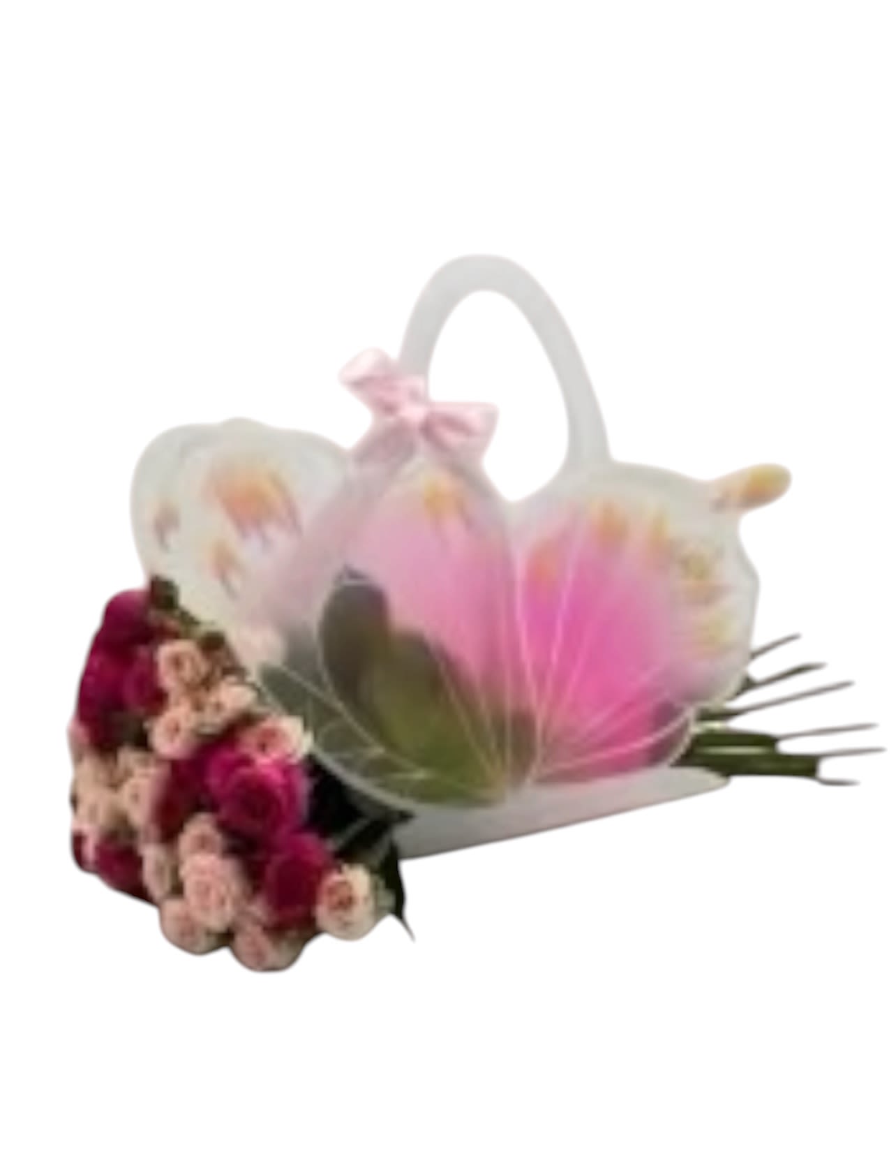 Butterfly Wrapped Flower  - A compact cluster of pink, white and purple blooms tucked into a whimsical butterfly-shaped container-perfect as a birthday bouquet or a cheerful "thinking of you" gift. The Butterfly Wrapped Flower arrangement reads playful and feminine: deep pink and pale blush roses mingle with soft white accents so the person you're sending it to will feel noticed and smiled at the moment it arrives.  The arrangement sits inside a translucent white-and-pink butterfly container topped with a small pink ribbon bow, creating a gift-ready presentation that fits on a bedside table or desk. Colors include rich pinks, pale blush and touches of white and purple; the scale is intentionally petite for an intimate, personal gesture rather than a large centerpiece. Ideal for birthdays, thank-yous, new baby visits or get-well wishes-no special care is required beyond keeping flowers in a cool spot and refreshing the water as needed to extend their life.