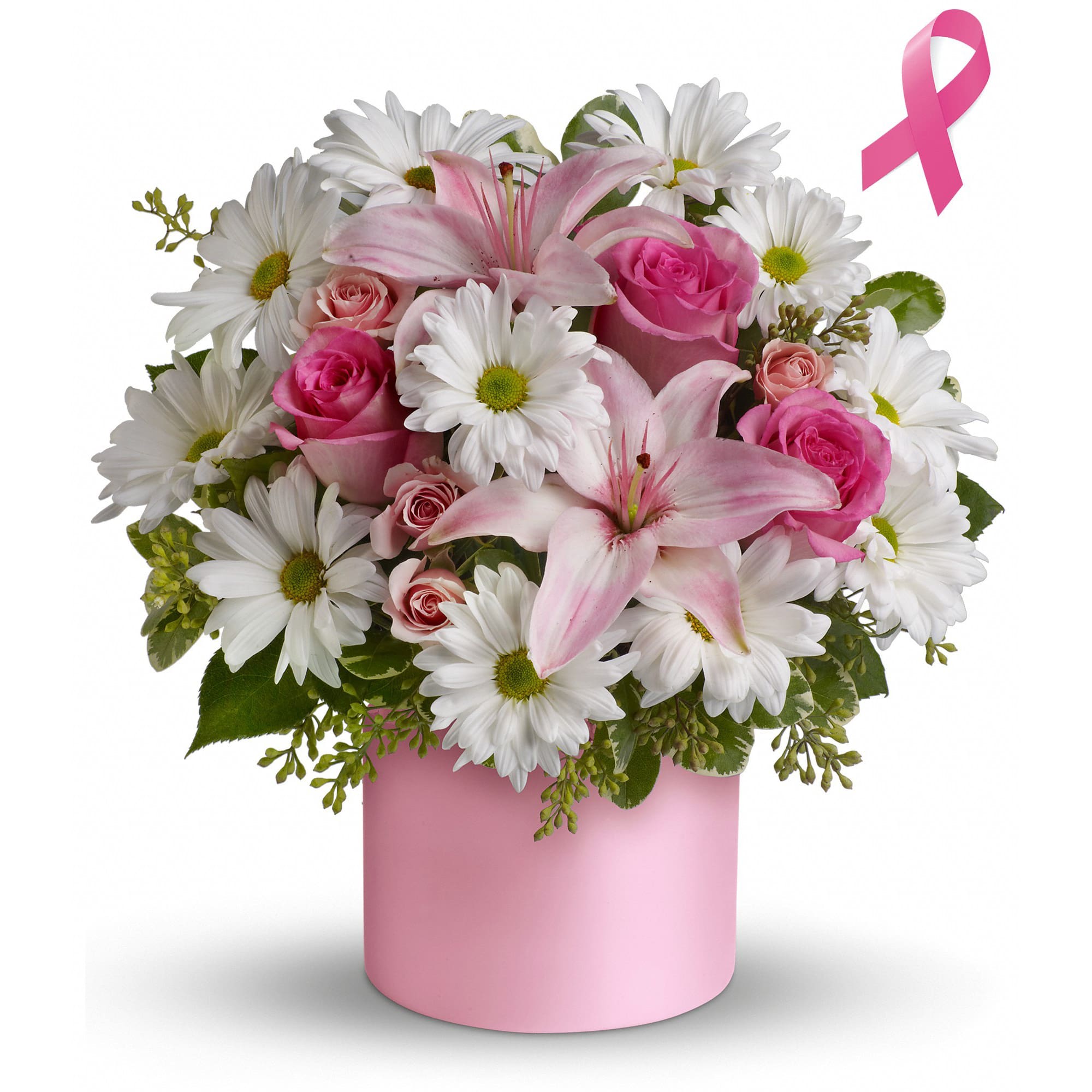 Pink lilies, roses, and white daisies in a pink cylindrical box
