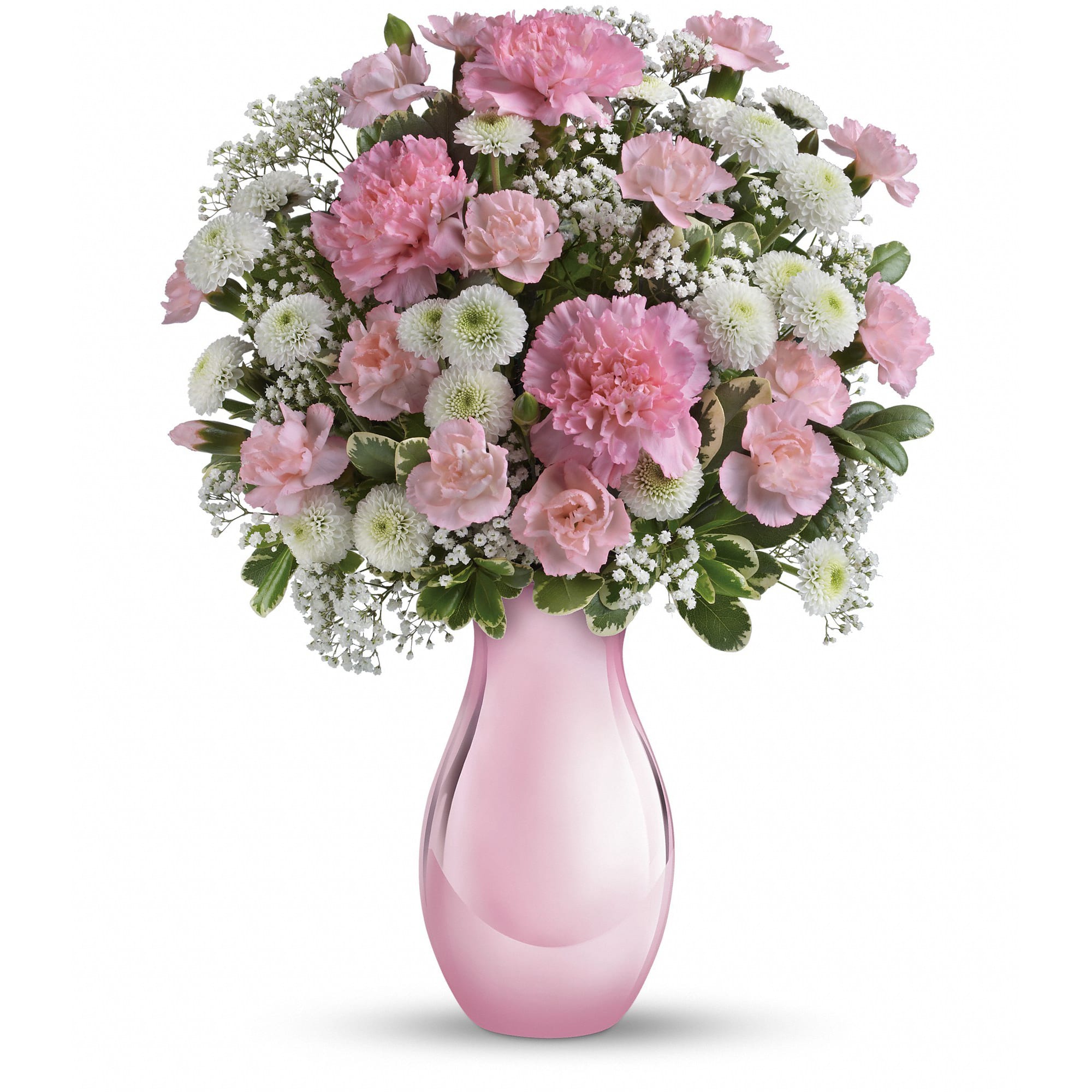 Pink and white bouquet in a pink glass vase