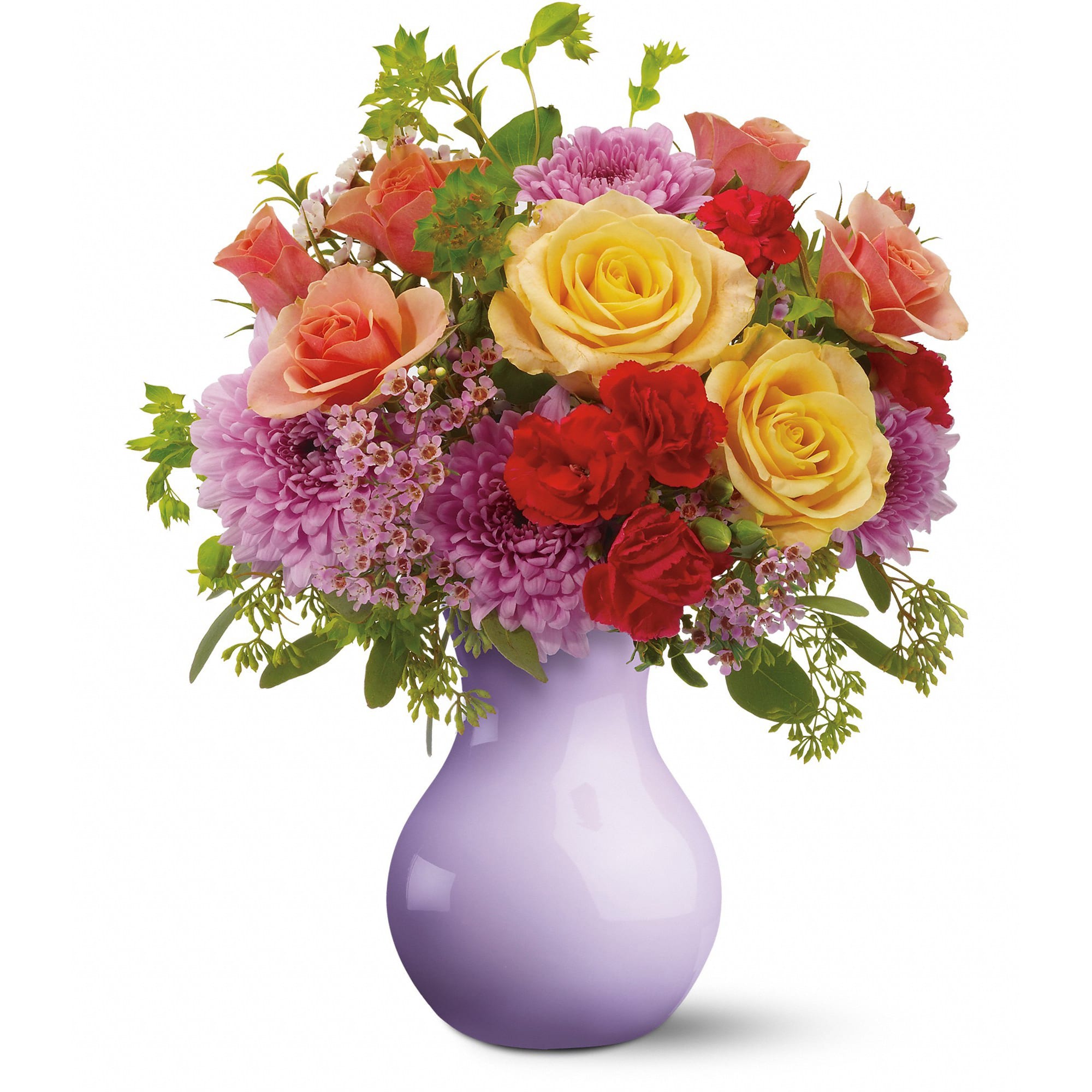 Mixed bouquet of roses, chrysanthemums, and carnations in a lavender vase