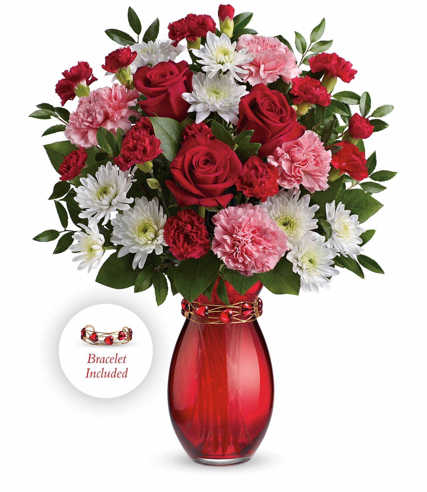 Red roses, pink carnations, and white daisies in a red glass vase with a bracelet