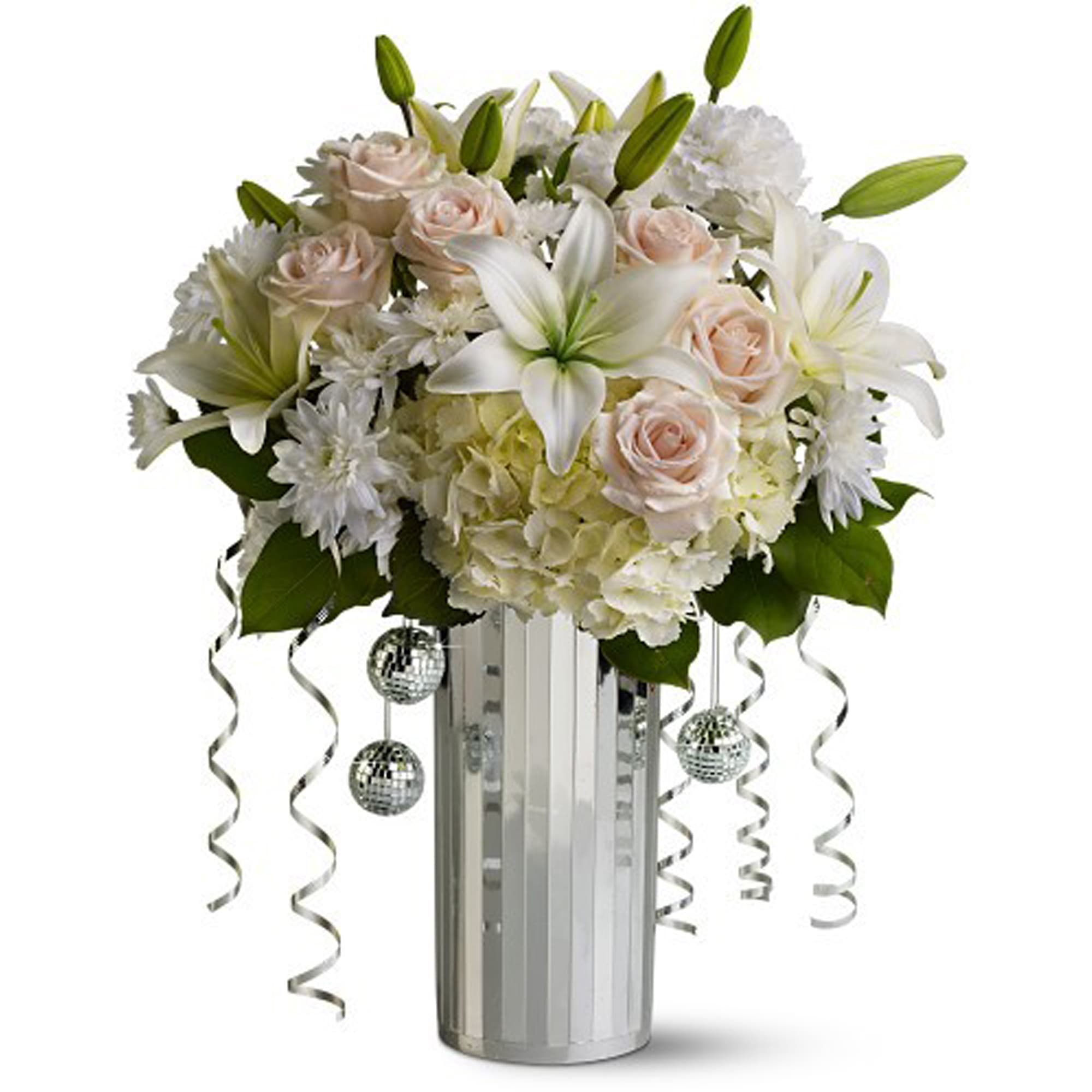 White lilies, pale roses, and hydrangeas in a mirrored vase with silver ribbons