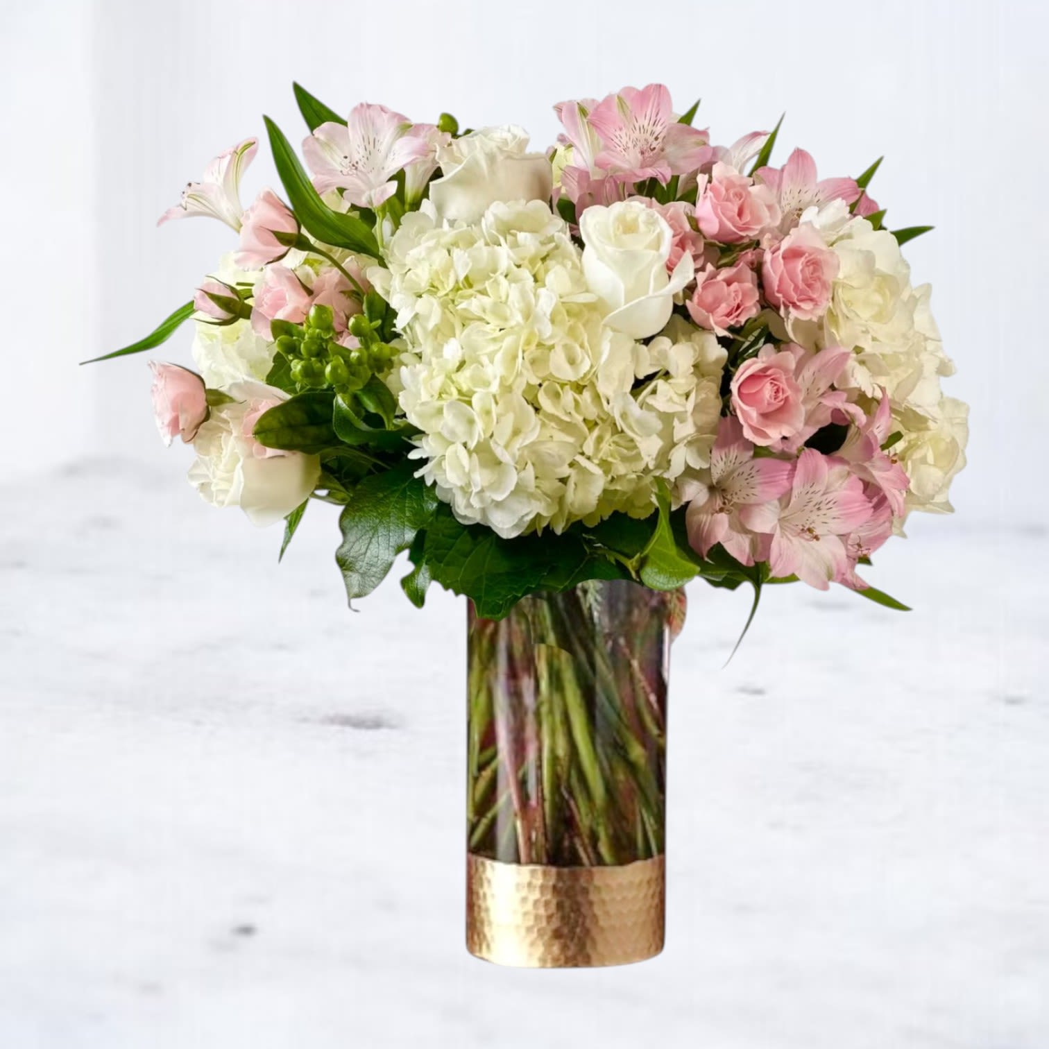 Parisian Stroll Bouquet - Capturing the essence of a cool spring day, this delicate arrangement is the perfect statement of love, appreciation or admiration.  Please Note: The bouquet pictured reflects our original design for this product. While we always try to follow the color palette, we may replace stems to deliver the freshest bouquet possible, and we may sometimes need to use a different vase.