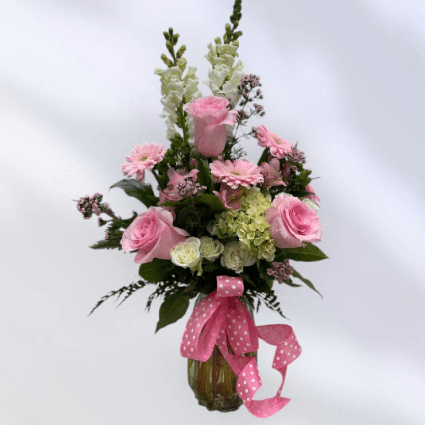 MD62 Cherished Petals - This lovely feminine floral vase arrangement is filled with pink &amp; white roses, gerbera daisies, pale green hydrangea and snapdragons with a fun polka-dot ribbon it will be sure to bring a smile to your loved one face.