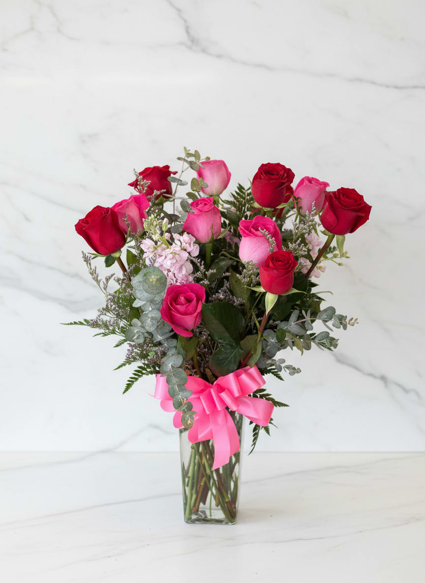 Love in bloom - A lush mix of red and pink roses arranged upright in a clear glass vase makes a romantic statement for anniversaries, Valentine's Day, or Mother's Day. The bright pink ribbon tied around the vase and the balanced, hand-tied look give the recipient an immediate sense of celebration and thoughtfulness-the kind of bouquet that says "you're cherished" whether it's for a partner, mom, or someone you want to honor.  Soft filler blooms and airy eucalyptus-like foliage lend a garden-style texture and gentle movement, letting the deep red and blush tones read clearly and beautifully against the green. Designed as a medium-sized, upright arrangement, it arrives in a tall clear (or rectangular) glass vase that showcases stems and keeps the presentation polished. Simple care-fresh water and a cool spot-will help the roses stay vibrant while your person soaks up the warm, romantic message.