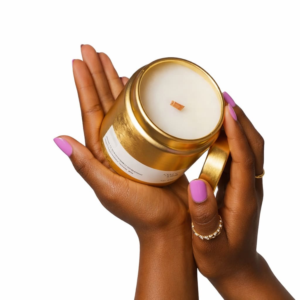 Love in Bloom Amber Vanilla – Luxury Gold Candle - A clean-burning luxury candle in an elegant gold tin. Perfect for gifting, self-care, or pairing with fresh florals. A decadent blend of sweet sugar, red berries, and mandarin orange opens this candle with a bright, inviting touch. At its heart, warm vanilla and rich cacao are delicately spiced and softened by hints of rose, all resting on a sensual base of creamy tonka bean, amber, musk, and woods for a truly luxurious and cozy experience. 