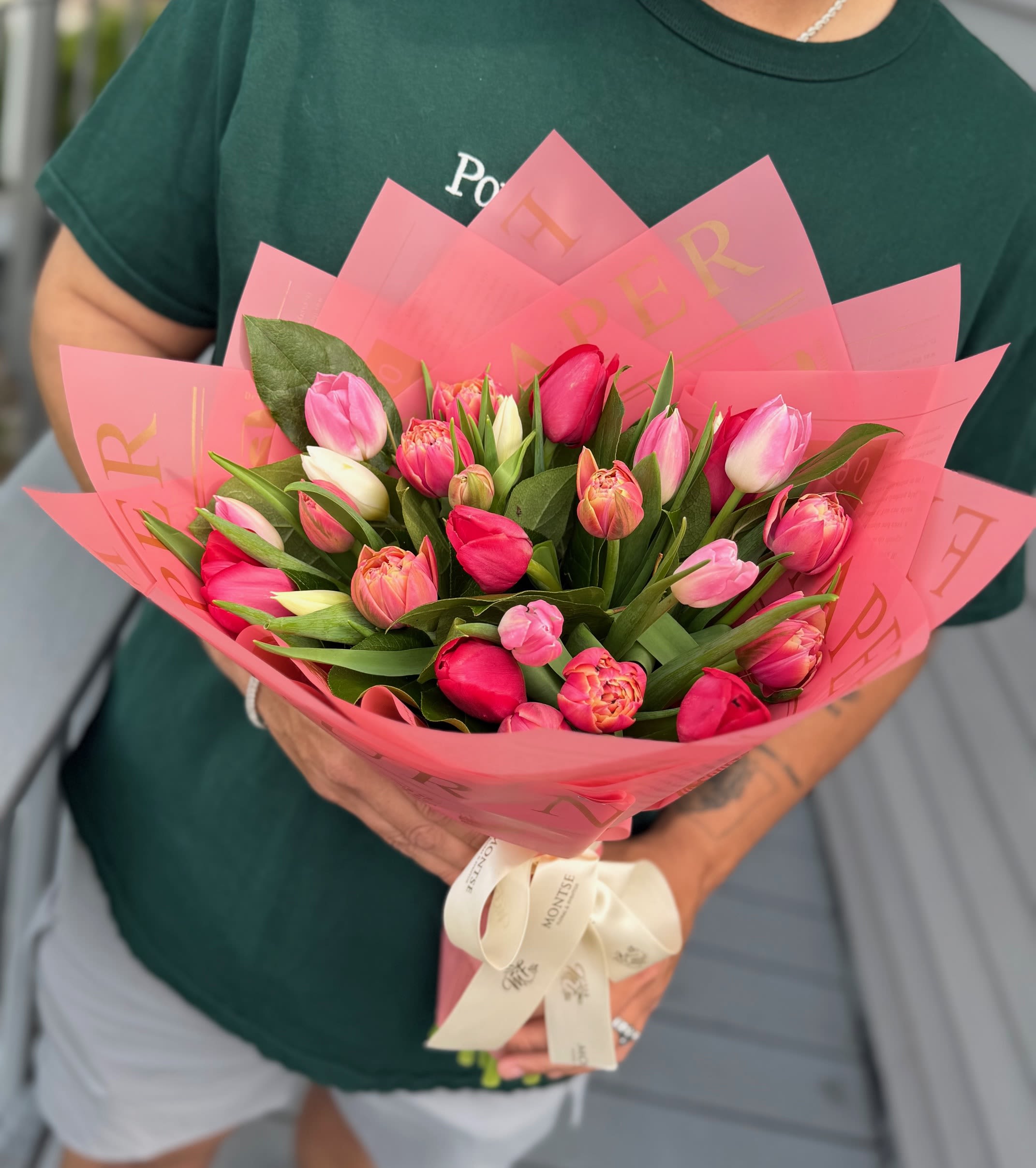 Tulips Bouquet  - 25 tulips  Hand-tied mix of pink, red, white, orange  tulips in pink translucent wrap with satin ribbon - cheerful spring bouquet