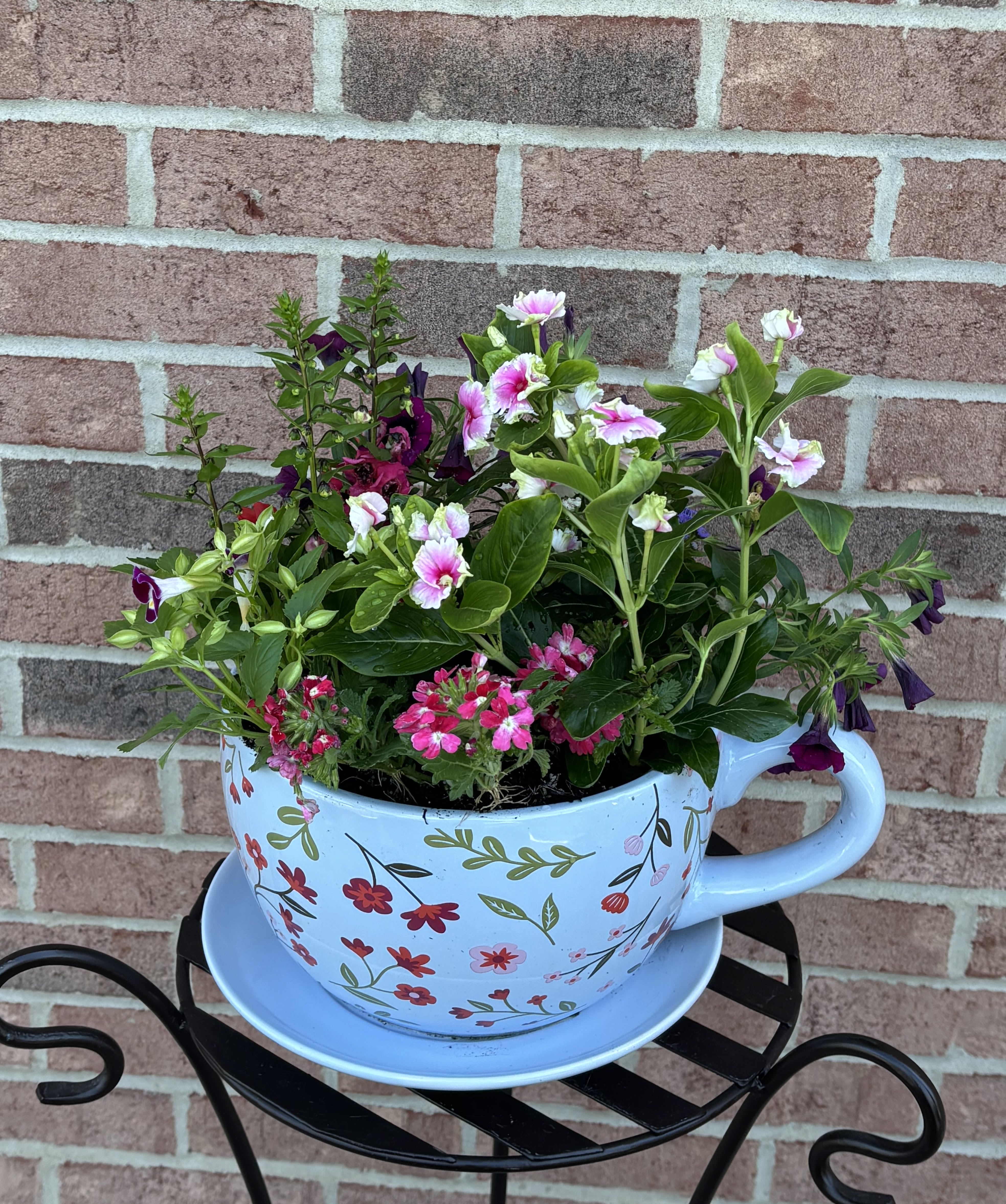 Best Mom Ever! in Blue - This lovely keepsake blue, burgundy, red, pink &amp; green ceramic floral print "supersized tea cup " style planter with attached saucer is the perfect gift for the Best Mom Ever!  This full sun outdoor planter is crafted in house from locally grown plants and contains 7 unique &amp; traditional annuals. A coordinating bow is added for delivery. The item is approx 12"W x 14"H ..  A truly unique gift!   