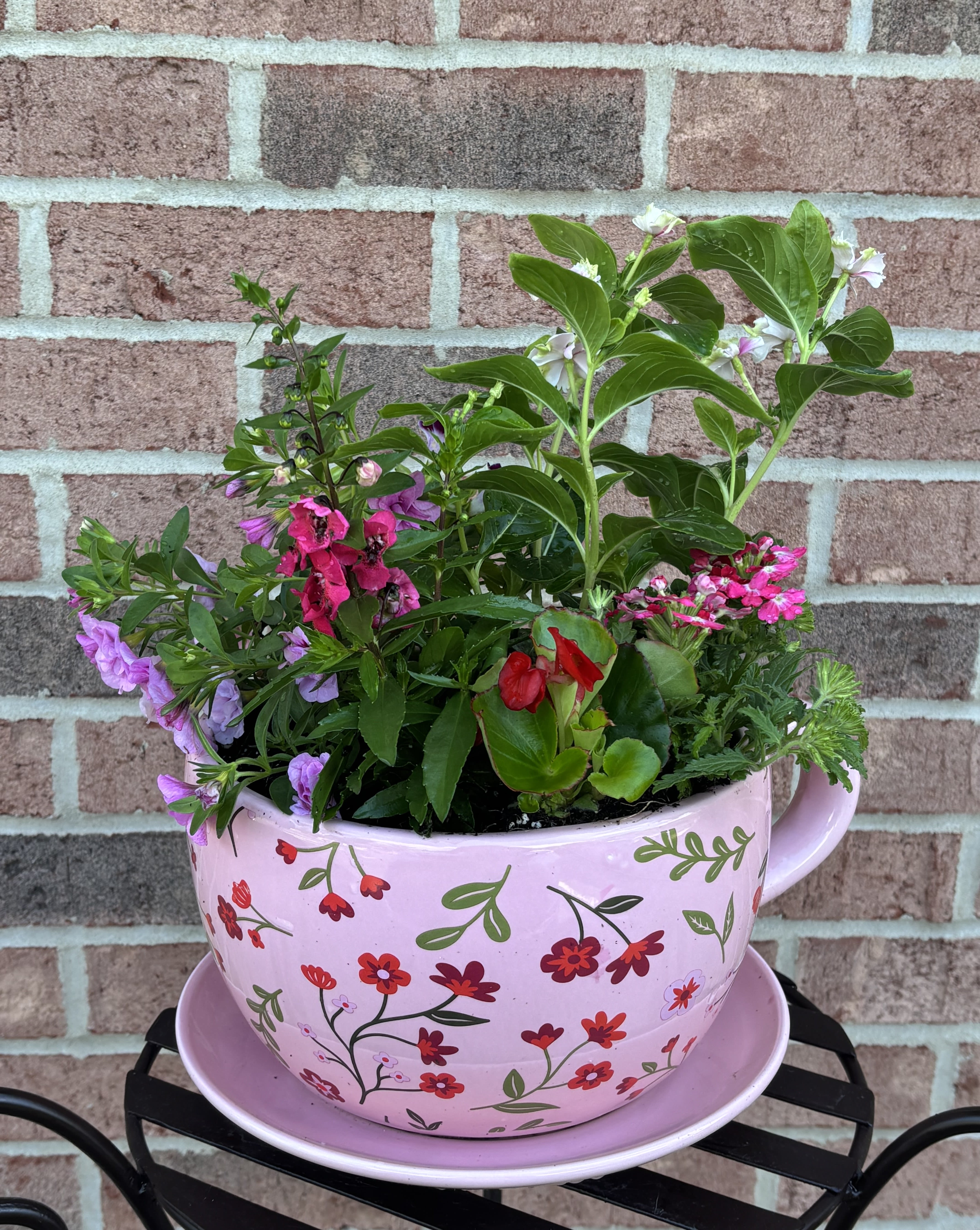 Best Mom Ever! in Pink - This lovely keepsake pink, burgundy, red &amp; green ceramic floral print "supersized tea cup " style planter with attached saucer is the perfect gift for the Best Mom Ever!  This full sun outdoor planter is crafted in house from locally grown plants and contains 7 unique &amp; traditional annuals. A coordinating bow is added for delivery. The item is approx 12"W x 14"H ..  A truly unique gift!   